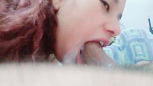 delights my little mouth all wet with creampie, with teary eyes from having a hard cock deep down