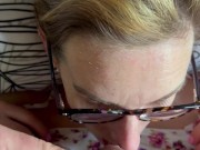 I hear her wake up and I hurry to put my cock in her mouth to cum on her leggings 5/16