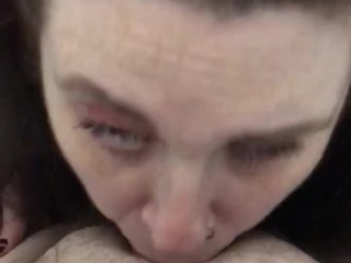 Amateur sexy wife deepthroats and  stays down on cock till cum explosion in throat 😍