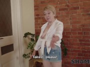 SHAME4K. After playing the dice, mature blonde with short hair lets guy enter her 3/16