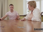 SHAME4K. After playing the dice, mature blonde with short hair lets guy enter her 5/16