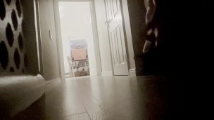 Horny, straight guy, masturbates in corridor as family watch TV. Big cock jerked to cumshot
