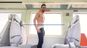Hot muscle man travelling fully naked on a train to Barcelona. Very risky