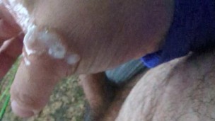 Hairy bear jerks off in his backyard and blows a sticky load
