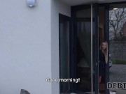 DEBT4k. Smart blonde spreads the legs inviting collector to taste pussy 2/16