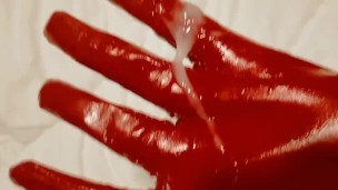 Feet, PVC Red gloves and jerking off