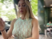 She cum with risky public masturbation in open cafe on the busy street. Transparent top, no panties. 2/16