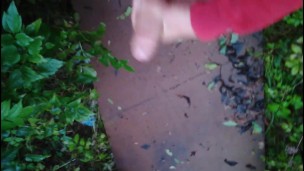 Twink jerks off his big thick dick outdoor and he cums very big load