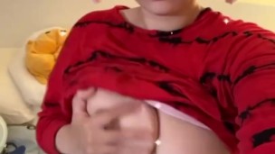 Chubby bunny girl plays with her big boobs and seduces you