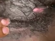 he jerks off and ejaculates on my black hairy pussy 1/16