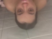HORNY TATTOOED BRUNETTE SUCKS COCK AND SWALLOWS CUM IN THE SHOWER