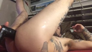 Working my Sexy hungry hole in bed w Big Black Toy & jerking off while bouncing on dildo until cum
