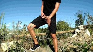 Twink outdoor piss, huge dick intense jerk and cum on self
