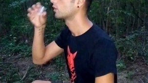 Eating own cum from glass public