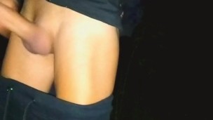 Twink public jerking - bouncing full balls and own cum eating