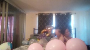 Milf with extreme long hair popping balloons and smoking cigarettes while filming up her own skirt