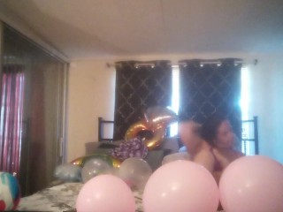 Milf with extreme long hair popping balloons and smoking cigarettes while filming up her own skirt