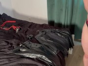 Girl in latex pants pegging sissy in leather 9/16