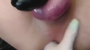 Homemade Anal fun with mistress - cum edge - slave in stockings gets anal stretched with latex glove