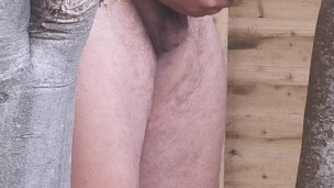 Secret morning wank with uncut cock behind a tree so the neighbours couldn't see