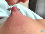 He Play Pierced Nipples With Hot Milf Big Boobs and she rubbing Nipples too 15/16