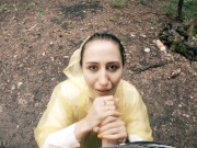 Black Lynn in Yellow Raincoat Sucking Cock in the Woods - Public Blowjob and Cum in Mouth 10/16