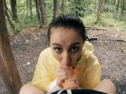 Black Lynn in Yellow Raincoat Sucking Cock in the Woods - Public Blowjob and Cum in Mouth 13/16