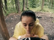 Black Lynn in Yellow Raincoat Sucking Cock in the Woods - Public Blowjob and Cum in Mouth 16/16