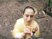 Black Lynn in Yellow Raincoat Sucking Cock in the Woods - Public Blowjob and Cum in Mouth 3/16