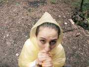 Black Lynn in Yellow Raincoat Sucking Cock in the Woods - Public Blowjob and Cum in Mouth 4/16