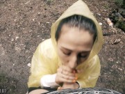 Black Lynn in Yellow Raincoat Sucking Cock in the Woods - Public Blowjob and Cum in Mouth 5/16