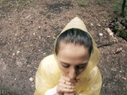 Black Lynn in Yellow Raincoat Sucking Cock in the Woods - Public Blowjob and Cum in Mouth 6/16