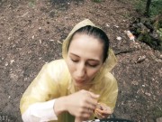 Black Lynn in Yellow Raincoat Sucking Cock in the Woods - Public Blowjob and Cum in Mouth 7/16