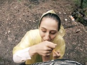 Black Lynn in Yellow Raincoat Sucking Cock in the Woods - Public Blowjob and Cum in Mouth 8/16