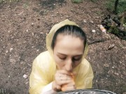 Black Lynn in Yellow Raincoat Sucking Cock in the Woods - Public Blowjob and Cum in Mouth 9/16