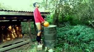 Twink is hard fucking a pumpkin in the garden