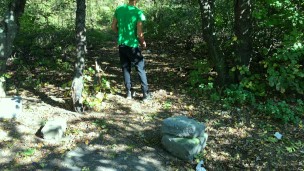 Jerk off at the cruising area - Cum with both hands on used condoms