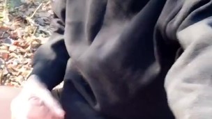Huge cumshot on black shirt in the park
