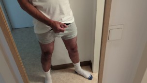 horny guy in white socks jacking off his cock, loud moaning