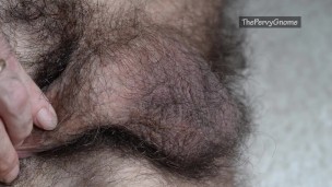 Very hairy small dick very close, with cumshot