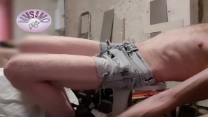 hand and feet tied so tease and play my self for horny long moaning handjob till intense cumshot