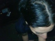 Sucking big cock in blue dress and stockings, taking cum in mouth and licked it from palm...outdoor. 12/16