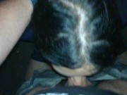 Sucking big cock in blue dress and stockings, taking cum in mouth and licked it from palm...outdoor. 2/16