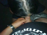 Sucking big cock in blue dress and stockings, taking cum in mouth and licked it from palm...outdoor. 3/16