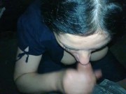 Sucking big cock in blue dress and stockings, taking cum in mouth and licked it from palm...outdoor. 8/16