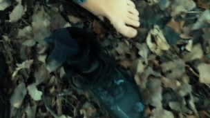 Twink barefoot jerking in the park - cumshot on shoe and foot