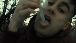 Licking used cum filled condom public