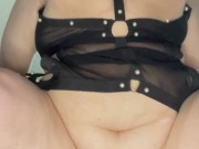 Soft chubby GOTH BBW with big swinging tits fucked standing up with a dripping creampie