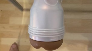 Penis COVERED in lube fucks fleshlight against the mirror