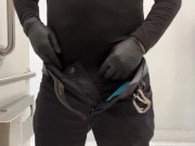 Latex gloves cock stroking public restroom creamy load relief